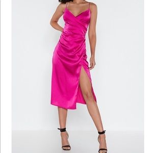 Nasty Gal Hey Babe Wrap Satin Dress in hot pink. Size 6